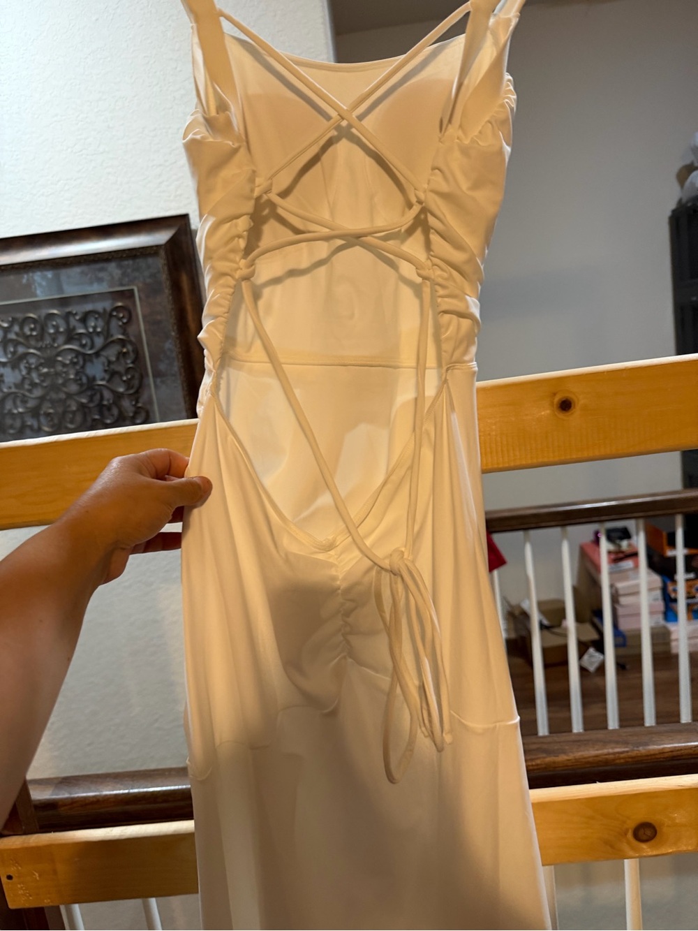 HALARA Ivory white Ruched Lace-Up Open Back Maxi Dress- Medium - Picture 8 of 9